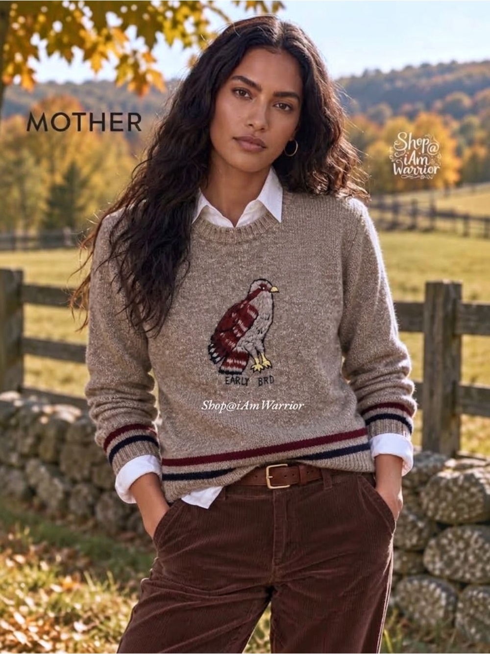 MOTHER Embroidered Early Bird Hawk Alpaca Heathered Wool Crewneck Sweater